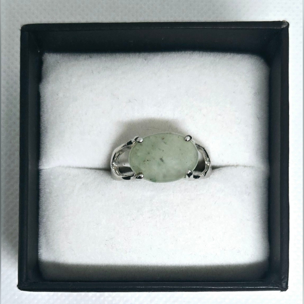 Silver Tone Green Oval Stone Ring Boho Statement Size 8.5
